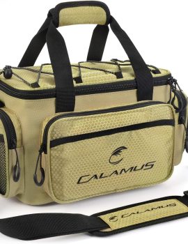 Calamus Fishing Tackle Bags – Fishing Bags for Saltwater or Freshwater Fishing – Rip-Stop PE – Padded Shoulder Strap – Pliers Storage -Khaki