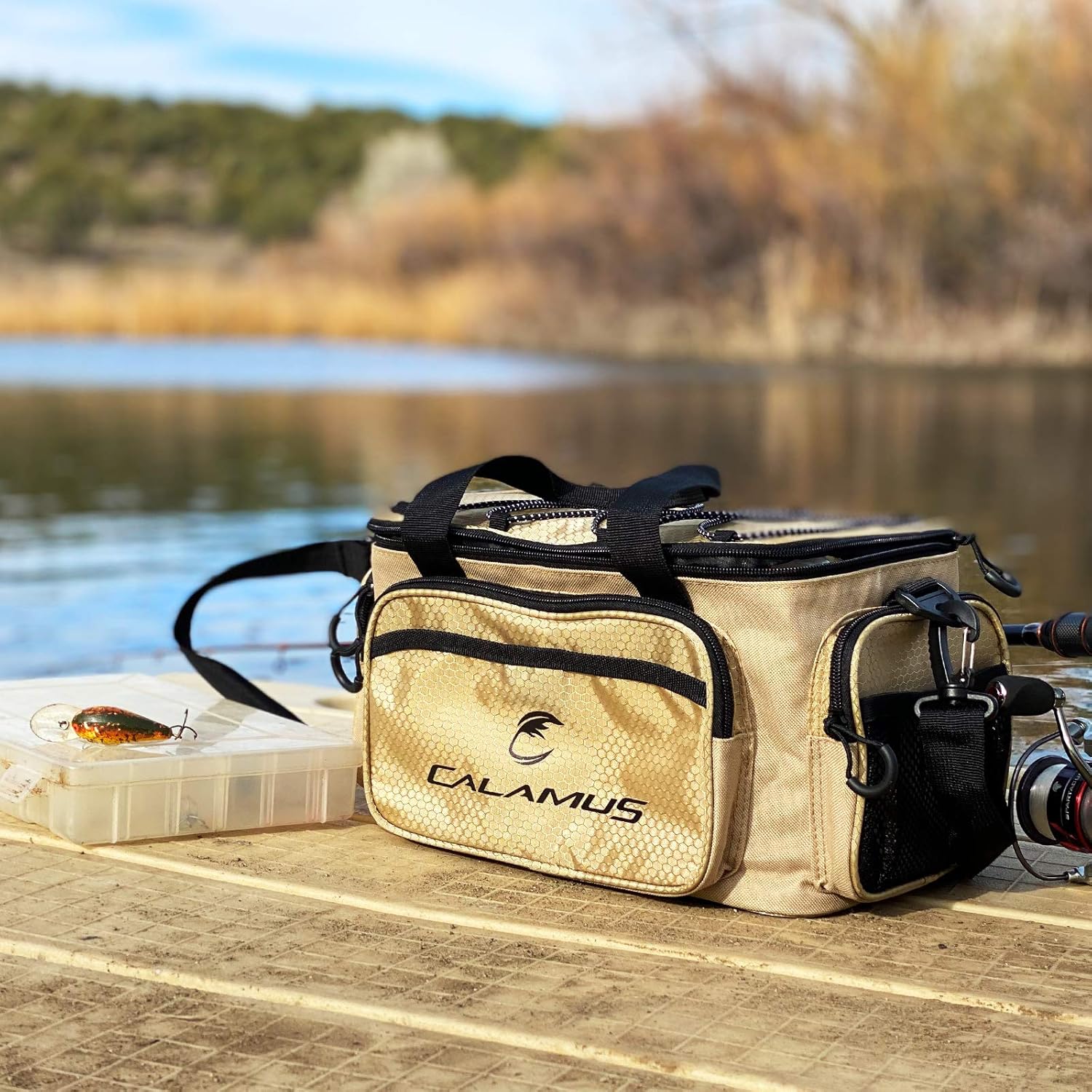 Calamus Fishing Tackle Bags - Fishing Bags for Saltwater or Freshwater Fishing - Rip-Stop PE - Padded Shoulder Strap - Pliers Storage -Khaki - Image 6